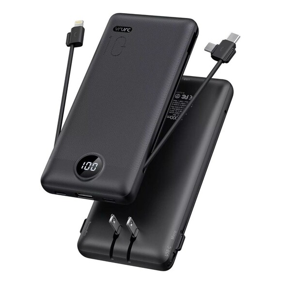 Vrurc Charger Built-in Cables & AC Wall Plug USB C Power Bank 10000mAh -Black - Picture 4 of 4